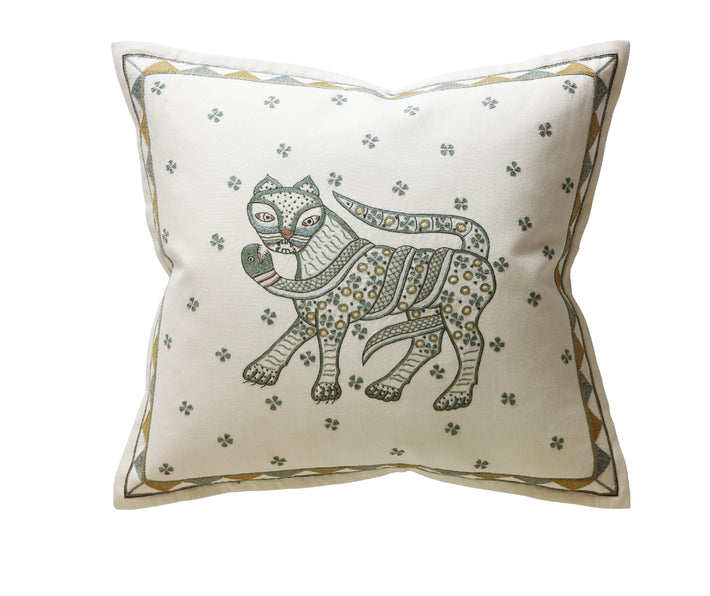 Kit Kemp for Chelsea Textiles. A rectangular hand embroidered cushion in the Wee Beasties Cat design. This cushion features an exotic cat in the centre, captured in earth tones and a muted palette.