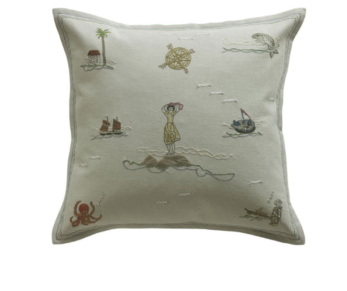 Kit Kemp for Chelsea Textiles. A square hand embroidered cushion in Kit Kemp's Sailor's Farewell design. This cushion has a romantic narrative, with a lover saying farewell to her sailor and shows what adventures she imagines that he will encounter.