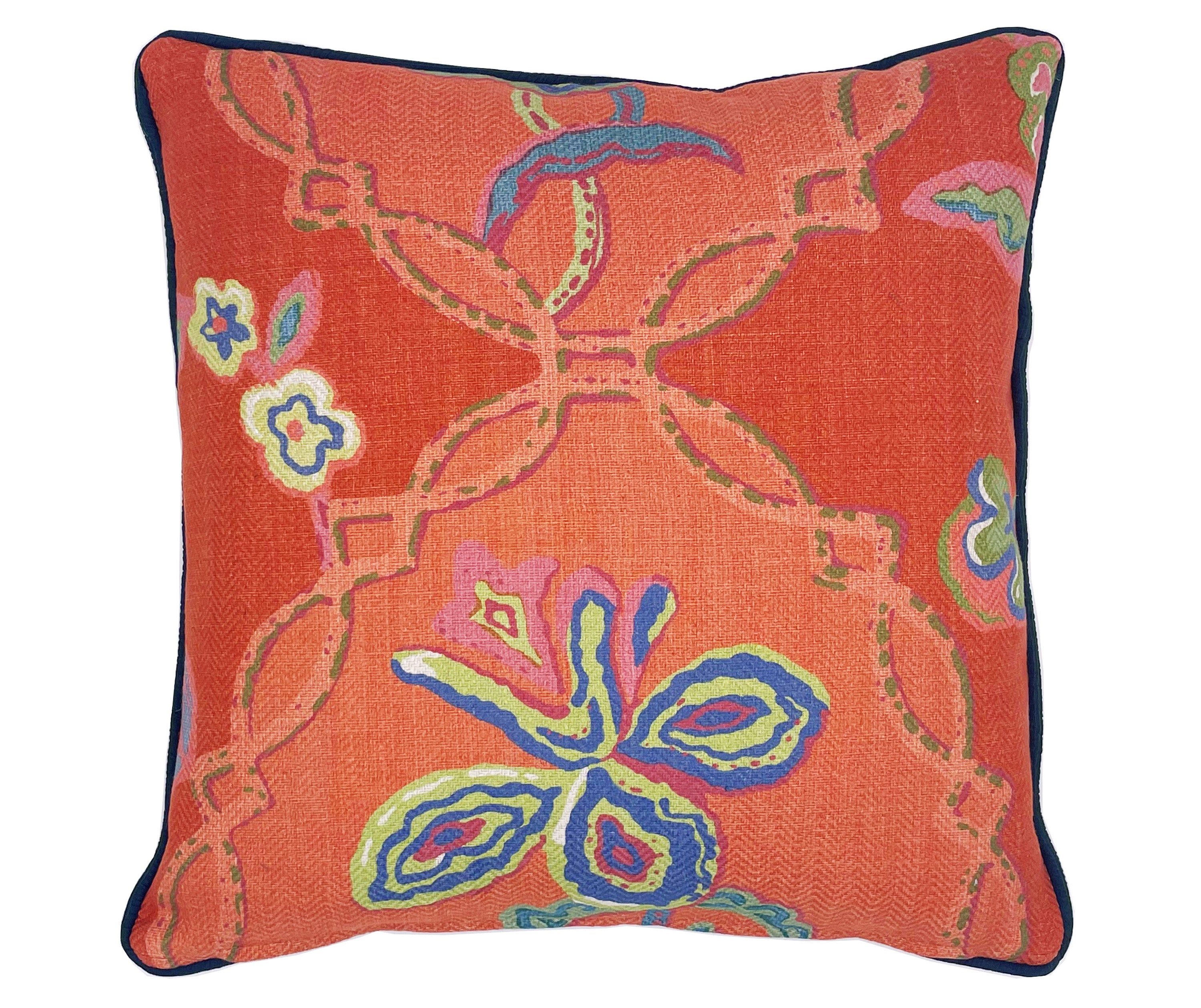 Our Chain stitch orange cushion is a special edition print coloured in collaboration with Kit Kemp. This grand scale floral design is printed on heavy weight ëdouble clothí. This colourway is a lovely warm orange, with lime green flowers and splashes of blues, red and pink. Content : 55% linen/45% cotton Size: 50x50cm/18.5x18.5in Cushion are delivered in the UK, with a feather filler