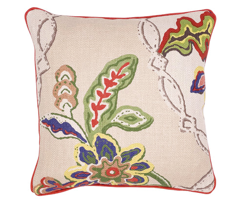 Kits chain stitch fabric is used here in 45 x45cm cushion, with a natural oatmeal ground on which a large abstract floral design is printed in a soft bright palette of green, coral orange, cornflower blue , and sunshine yellow, with a piped coral edge.