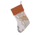 Our Chain- stich oatmeal and orange fabric is used to make this Christmas stocking , with orange wool stocking cuff