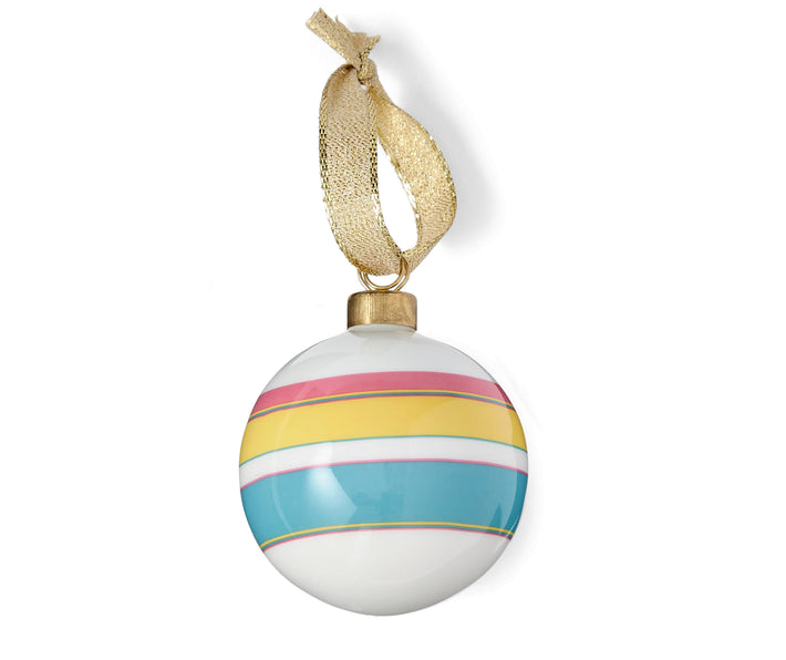 Kit Kemp's Calypso China's broad stripes in a combination in pink, yellow and turquoise forms a fun and unusual colour combination for this Christmas tree bauble, and looks great when combined with her Rick Rack simple china bauble, and makes a welcome edition to any tree.