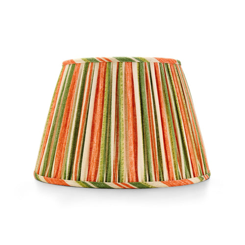 Striped lampshade with green, orange, and beige pattern on a white background