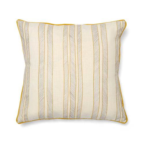 Sustainable cushion, 41cm (16in) square, handmade in the UK. This Kit Kemp piece repurposes high-end project offcuts into a sophisticated coastal design with sunshine-yellow piped edges and detailed needlework. A perfect blend of eco-conscious luxury and British craftsmanship.