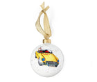 This special Christmas china bauble. is an addition to the doodle collection, illustrated with a yellow soft top, and waving driver, this white bauble is speckled in gold glitter, it is a fun collectable addition to your Christmas tree. 