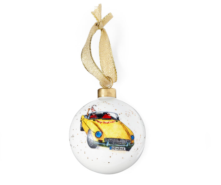 This special Christmas china bauble. is an addition to the doodle collection, illustrated with a yellow soft top, and waving driver, this white bauble is speckled in gold glitter, it is a fun collectable addition to your Christmas tree. 