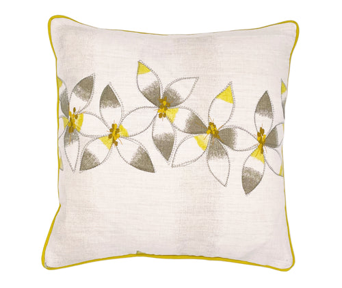 Kit's Daisy chain linen fabric is presented here as a beautiful floral cushion , with simplified flowers forming a central band of butter yellow and soft grey, and taupe, on a ecru ground, over embroidered with gold detailing and contrasting yellow piping. Size: 45 x 45cm