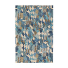 The Deer Leap is a Hand-Hooked Wool Rug with a dramatic mosaic glass pattern in shades of blue, grey and ecru. Size: 9x12 Pile Height: 0.5