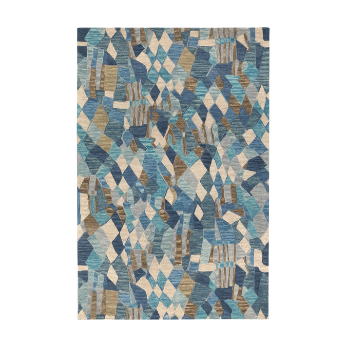 The Deer Leap is a Hand-Hooked Wool Rug with a dramatic mosaic glass pattern in shades of blue, grey and ecru. Size: 9x12 Pile Height: 0.5