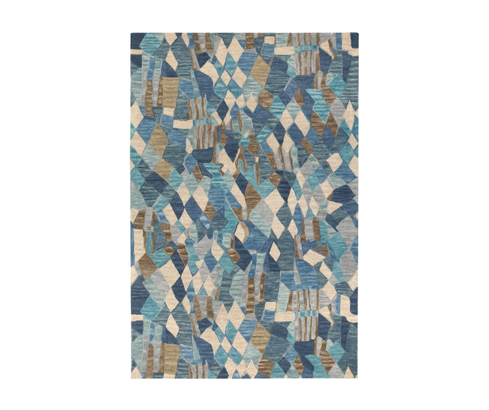 The Deer Leap is a Hand-Hooked Wool Rug with a dramatic mosaic glass pattern in shades of blue, grey and ecru. Size: 9x12 Pile Height: 0.5