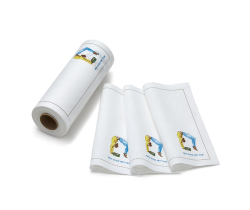 The Doodles Range of Cocktail Napkins, are made from 100% cotton, and are tough, highly absorbent napkins can be used multiple times, and are soft to the touch, and illustrated with one of the doodles characters. The mind over matter napkin is illustrated with a woman in a yoga pose, dressed in yellow and blue, whilst reading a book perfectly illustrating the Mind over Matter tag line.