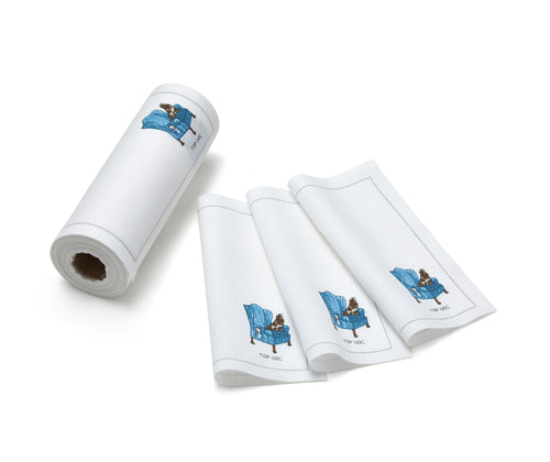 The Doodles Range of Cocktail Napkins Made from 100% cotton, are tough, highly absorbent napkins which can be used multiple times, and are soft to the touch. The Top Dog napkin roll, is 16cm by 16cm square is illustrated with Kit's King Charles Spaniel, taking up position on the Kit's blue and white Wing Chair .