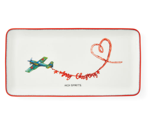 This rectangular platter is ideal for a fun and festive tea party, and feature a sky written Christmas message, in vibrant reds, green and blue.. This a joyful addition to your festive china collection, whether for dining, or trinkets. 