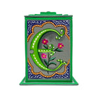 This bright green alphabet box is decorated with a green letter E in a heraldic decorative style, with a pink floral motif surrounded by blue trellis work and embellished with turquoise jewelled lid. 