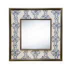 The Mali Mirror, features Kit Kemps Mali fabric designed for Blithfield , in natural linen, with a geometric indigo print, forming broad stripes simplified diamond, and crosses, stretched to form a wide decorative border around a square central mirror, in a wooden frame, and is a great statement mirror for any cloakroom, or hall.