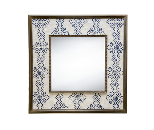 The Mali Mirror, features Kit Kemps Mali fabric designed for Blithfield , in natural linen, with a geometric indigo print, forming broad stripes simplified diamond, and crosses, stretched to form a wide decorative border around a square central mirror, in a wooden frame, and is a great statement mirror for any cloakroom, or hall.