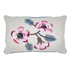 Rectangular shaped cushion with applique flowers in pink tones with plain backing and blue piping