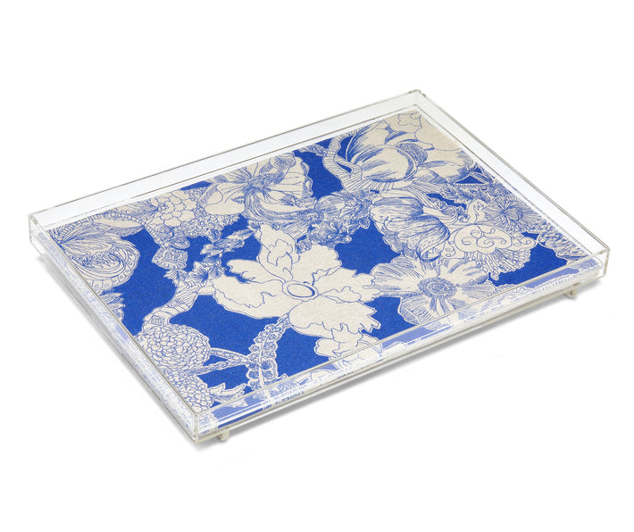 Transparent Acrylic tray, in which is encased a royal blue and natural linen fabric, which is printed with abstract floral pattern, showing the flowers in natural linen, and the background in blue.