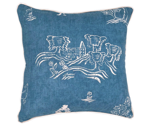 This blue cushion, is made from Kit's Friendly Folks fabric, which is inspired from 15th Century Tapestries and features forest animals peeping through stylised drawings , in white of the British landscape, against a denim blue background, with white contrasting piping. Due to fabric pattern repeat each cushion is different, in placement of the design.