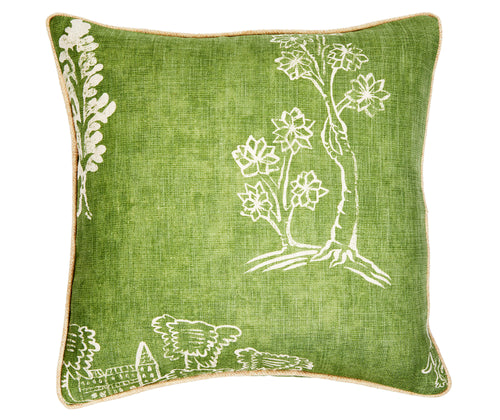 Green cushion, with ecru piping , in Kit's friendly folk fabric, in basil green ground, features white line drawings of the british country side.