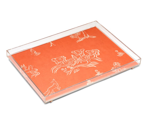 Acrylic tray Friendly Folk Orange shows bushy tailed creatures peering amongst hedgerows, blooming trees and rolling English hills.