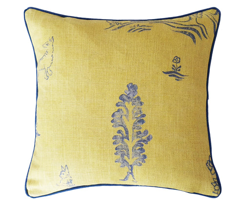 Yellow friendly folks 45x45cm cushion, showing a soft yellow ground, with simplified blue line drawings of english countryside scenes.