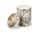 Our tall trees ceramic candle is presented in a ceramic jar printed with Kits Tall Trees mural design, with a view through the tree tops of the enchanted forest, in a dusky pink/beige lidded jar, with gold knob, and edge details. Contains the Tall Trees scented candle with top notes of bergamot.