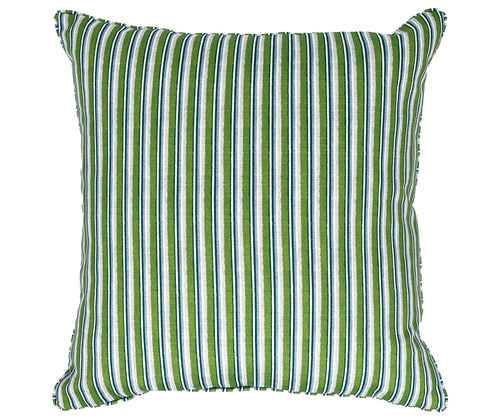 This image shows the front and back of the peace and love cushion in green with a green, blue and white striped pattern. The borders of the cushion are defined by piped edges, which help maintain the structure and add a neat, finished look. The stripes are aligned vertically, giving a sense of elongation to the cushion's form.