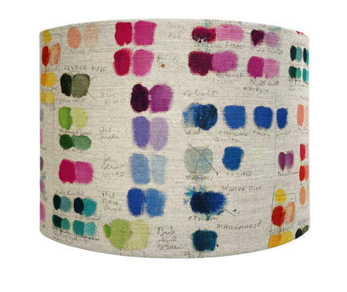 The Mixed Tones Oval linen shade combines practically with a pop of colour, with its multi coloured watercolour pallet design on a natural ground, and deep oval shape giving you a large wide shade, but with less depth, therefore ideal for side tables and consoles. This shade is ideal for our 4 disc lamp, or our rocket lamp beautifully and creates a real statement in any room. Dimensions: h:31cm, width 41cm h12.2 x w16.2 Depth 31cm/16.2