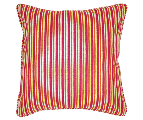 The Peace and Love cushion, is a made from Kit Kemp's fabric of the same name with Christopher Farr, with it variegated vertical stripes in pink, orange , yellow and ecru. This cushion adds a colourful pop of colour to your favourite chair , and is and ideal layering piece when dressing your sofa 