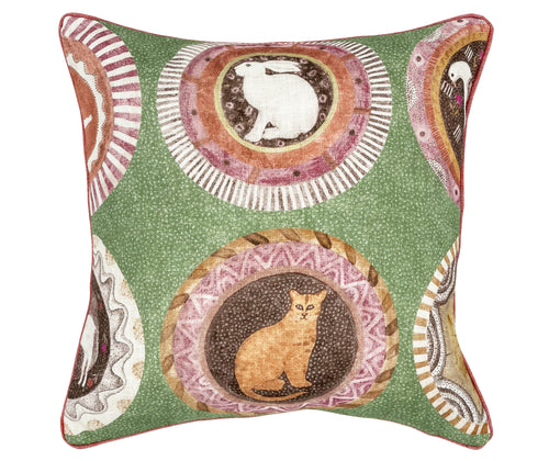 Our Robina's Dinner Party Cushion in green, from Kit Kemp's new fabric collection with GP & J Baker, are a homage to one of Kit's favourite ceramicist, Robina Jack, whose folkloric plates depicting friendly animals surrounded in riot of colour and pattern, take centre stage. this one features a ginger cat, and white rabbit but animals may vary. 