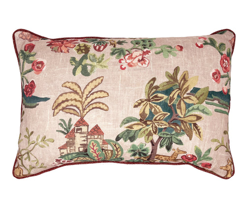 Front of Knight's Tale rectangular cushion in cream. This archival design dates from the late 1920ís and the inspiration was taken from mid 16th century embroidered 'slip work' that was used on bed hangings and chairs. Depicting a romantic pastoral scene with leaping deer amongst stylised roses and strawberries on an aged background, Kitís interpretation of the design has been vibrantly and brightly coloured.