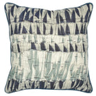 The blue willow cushion, is a 45x45cm cushion, made from Kit's printed linen fabric of the same name, with stripes formed of willow foliage in shades of pale blue and cornflower blue, contrasting with pale grey shadows, on a off white ground, and piped in blue herringbone wool.