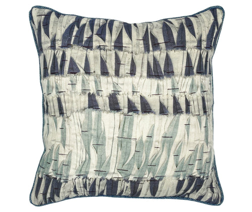 The blue willow cushion, is a 45x45cm cushion, made from Kit's printed linen fabric of the same name, with stripes formed of willow foliage in shades of pale blue and cornflower blue, contrasting with pale grey shadows, on a off white ground, and piped in blue herringbone wool.