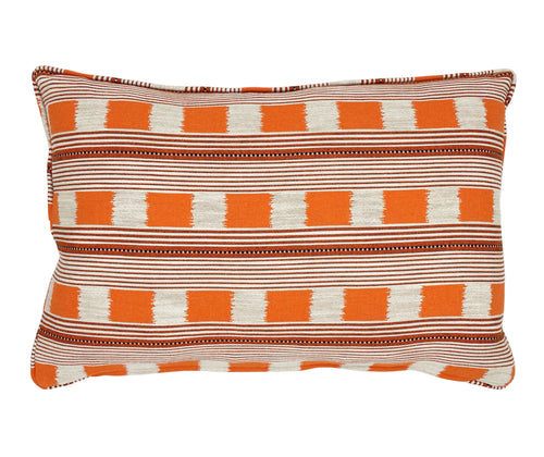 This Lost and Found rectangular cushion in orange is bold and versatile, with chequer board panels of orange and ecru, framed in railroad-like striped borders, and tipped with dashes of navy. Made from a beautiful woven cloth, designed and developed by Kit Kemp, in collaboration with Christopher Farr, this rectangular cushion adds a vibrant touch of colour , and is a favourite shape when placed as duo's on beds.