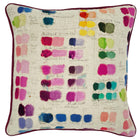 This 45cm X 45 cm cushion, is formed of a natural linen base cloth with an artists palette of colours displayed in painted rectangular forming shades of colours, going from dark to light, in pinks, jade greens, blues, purples and yellows, with the handwritten names below. Piped in burgundy herringbone wool.