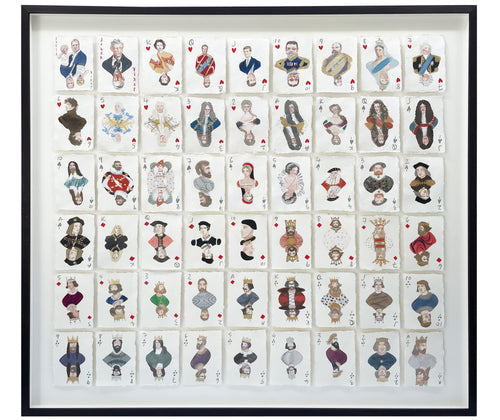 Pack of Kings and Queens is an original Holly Frean art work of 54 individual pencil and gouache portraits of the British royal family, including Elizabeth1st and Henry 8th, depicted as playing cards. This fun, colourful artwork is a collection individual portraits, which never fails to reveal something new and interesting every time you look at it. 54 x A6 cotton rag paper portraits, float mounted and box framed Size: 123 x 114 x 5cm