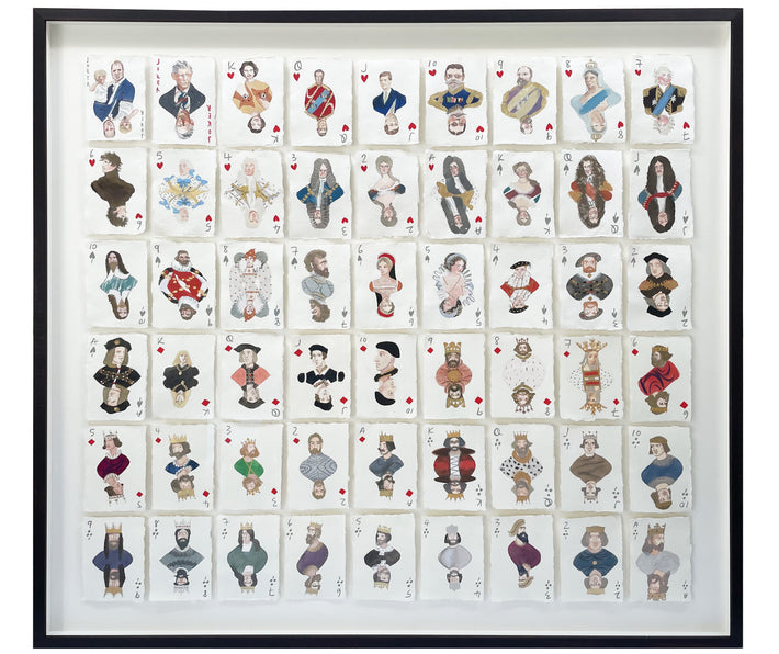 Pack of Kings and Queens is an original Holly Frean art work of 54 individual pencil and gouache portraits of the British royal family, including Elizabeth1st and Henry 8th, depicted as playing cards. This fun, colourful artwork is a collection individual portraits, which never fails to reveal something new and interesting every time you look at it. 54 x A6 cotton rag paper portraits, float mounted and box framed Size: 123 x 114 x 5cm