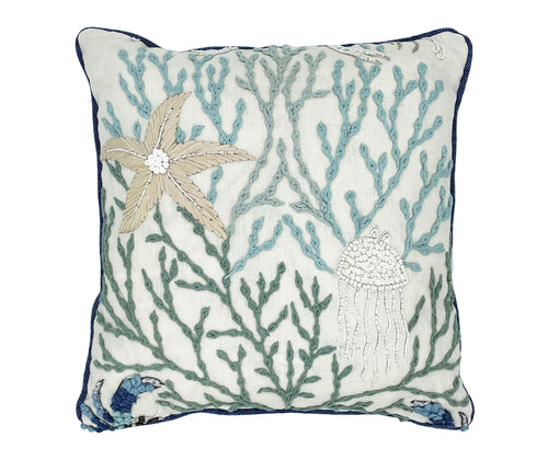 Made from a exceptional embroidered and beaded Under the Sea Schamauer fabric, this stand out decorative cushion,(40x40cm) features beaded white jelly fish, hiding among the embroidered coral and seaweed,in shades of green and blue, on a white linen ground, and a denim blue reverse.