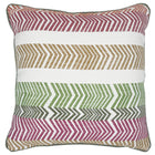 Kit's signature Bookend design cushion, consists of geometric stripes, forming a bookend chevron embroidery in a rainbow of greens, pink, red, orange and ochre, on a white ground and piped in green to create this stand out, double sided and eye catching cushion. Material : 100% acrylic. Size: 50 x 50cm/ 19.7 x 19.7