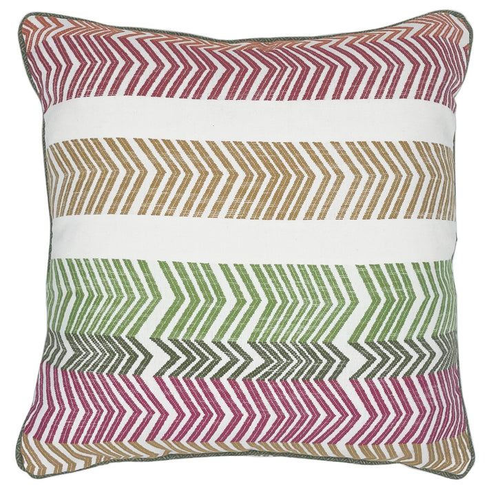 Kit's signature Bookend design cushion, consists of geometric stripes, forming a bookend chevron embroidery in a rainbow of greens, pink, red, orange and ochre, on a white ground and piped in green to create this stand out, double sided and eye catching cushion. Material : 100% acrylic. Size: 50 x 50cm/ 19.7 x 19.7