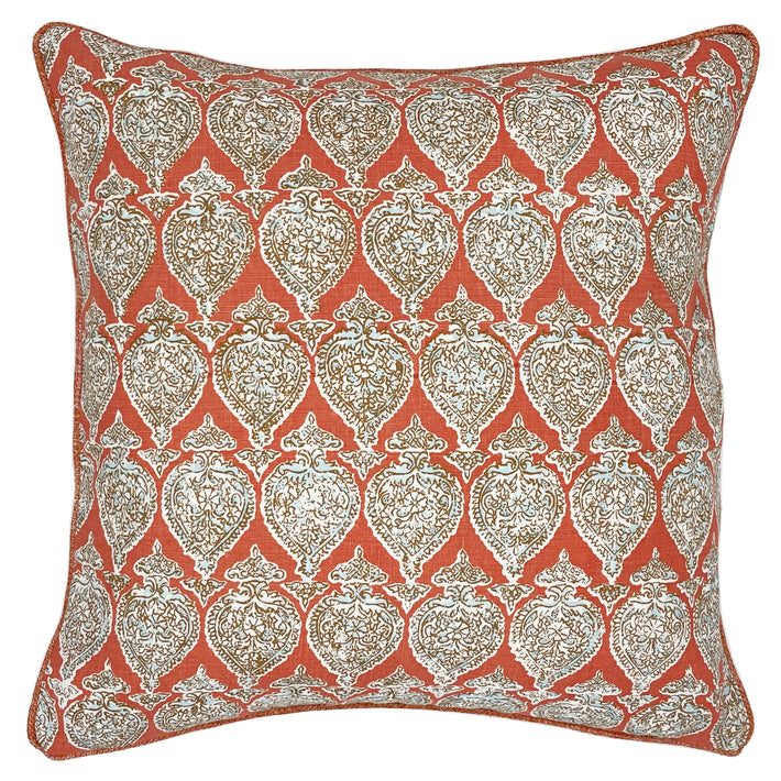 The Orange Sari cushion, with is soft orange base, and aqua paisley like pattern repeat is a beautifully delicate colour combination, taken from one of Kit's new room schemes. This gorgeous cushion is offered in our traditional 45x45cm square, or in the rectangular shape ideal to dress your bed, with a sprinkle of colour or your favourite chair. Material: 100% Linen Size: 45 x 45cm / 18 x 18in