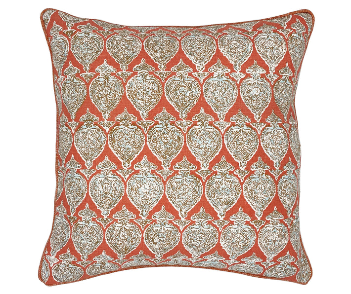 The Orange Sari cushion, with is soft orange base, and aqua paisley like pattern repeat is a beautifully delicate colour combination, taken from one of Kit's new room schemes. This gorgeous cushion is offered in our traditional 45x45cm square, or in the rectangular shape ideal to dress your bed, with a sprinkle of colour or your favourite chair. Material: 100% Linen Size: 45 x 45cm / 18 x 18in