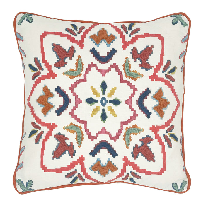 Our small Chintal embroidered cushion, takes one of the design team's new room scheme fabrics and repurposes it to produce these small cushions, to add a sprinkle of colour to your favourite chair. The kaleidoscope design in shades of pinks, and corals , with contrasting leaf like motifs in aqua and blues forms a central design feature, on an ecru ground, with contrasting orange piping, with plain ecru reverse. Content : 100% linen Size: 40 x