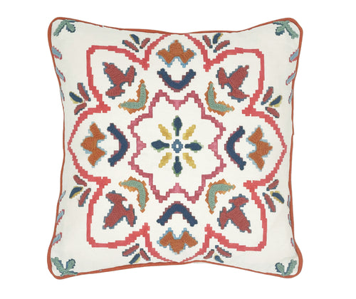 Our small Chintal embroidered cushion, takes one of the design team's new room scheme fabrics and repurposes it to produce these small cushions, to add a sprinkle of colour to your favourite chair. The kaleidoscope design in shades of pinks, and corals , with contrasting leaf like motifs in aqua and blues forms a central design feature, on an ecru ground, with contrasting orange piping, with plain ecru reverse. Content : 100% linen Size: 40 x