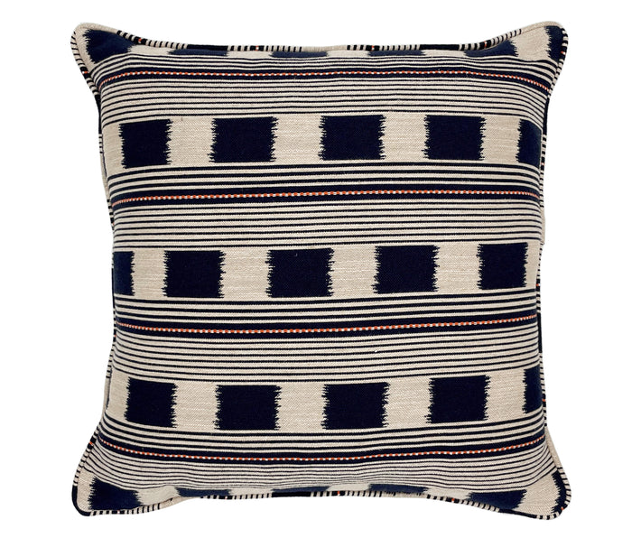 This cushion's is formed of Kits signature fabric, Lost and Found, in a navy , and ecru chequer board, and striped repeat, with contrasting orange stitching, woven fabric cushion in Kit Kemp's lost and found fabric