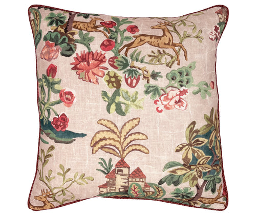 Front of Knight's Tale square cushion in cream. This archival design dates from the late 1920ís and the inspiration was taken from mid 16th century embroidered 'slip work' that was used on bed hangings and chairs. Depicting a romantic pastoral scene with leaping deer amongst stylised roses and strawberries on an aged background, Kitís interpretation of the design has been vibrantly and brightly coloured.