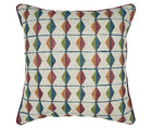 This image shows a square decorative cushion with a patterned cover. The fabric design features a geometric pattern with diamond shapes arranged in a grid layout. Each diamond has a different color, including shades of blue, green, yellow, and red. This results in a colorful, cheerful, and orderly appearance.