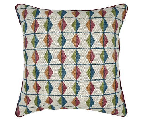 This image shows a square decorative cushion with a patterned cover. The fabric design features a geometric pattern with diamond shapes arranged in a grid layout. Each diamond has a different color, including shades of blue, green, yellow, and red. This results in a colorful, cheerful, and orderly appearance.