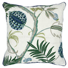 The Magalia cushion in blue is a fluid botanical design, embroidered with large jungle like leaves, and large blue seed heads, against a clean off white linen base, trimmed with blue piping and with a plain blue linen reverse: this cushion allows you to relish in this beautifully embroidered cloth. 